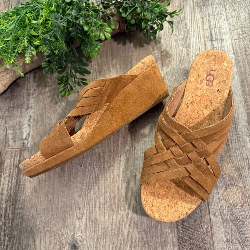 UGG Women's Basket Weave Tan Suede Wedge Sandals Size 9